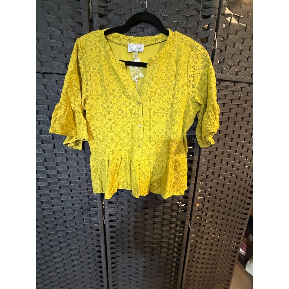 CUPIO Blush Cottagecore Lace Peplum Blouse Chartreuse Green NWT Medium